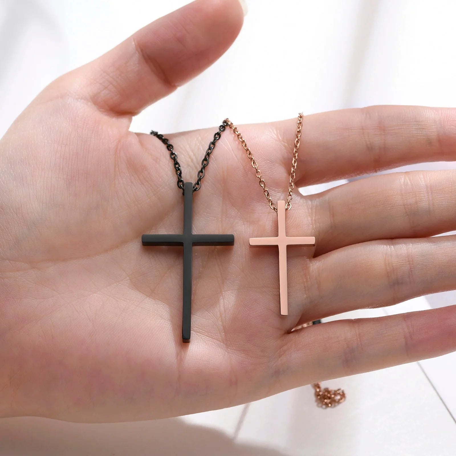 Couple Necklaces Black and Rose Gold Cross Pendant