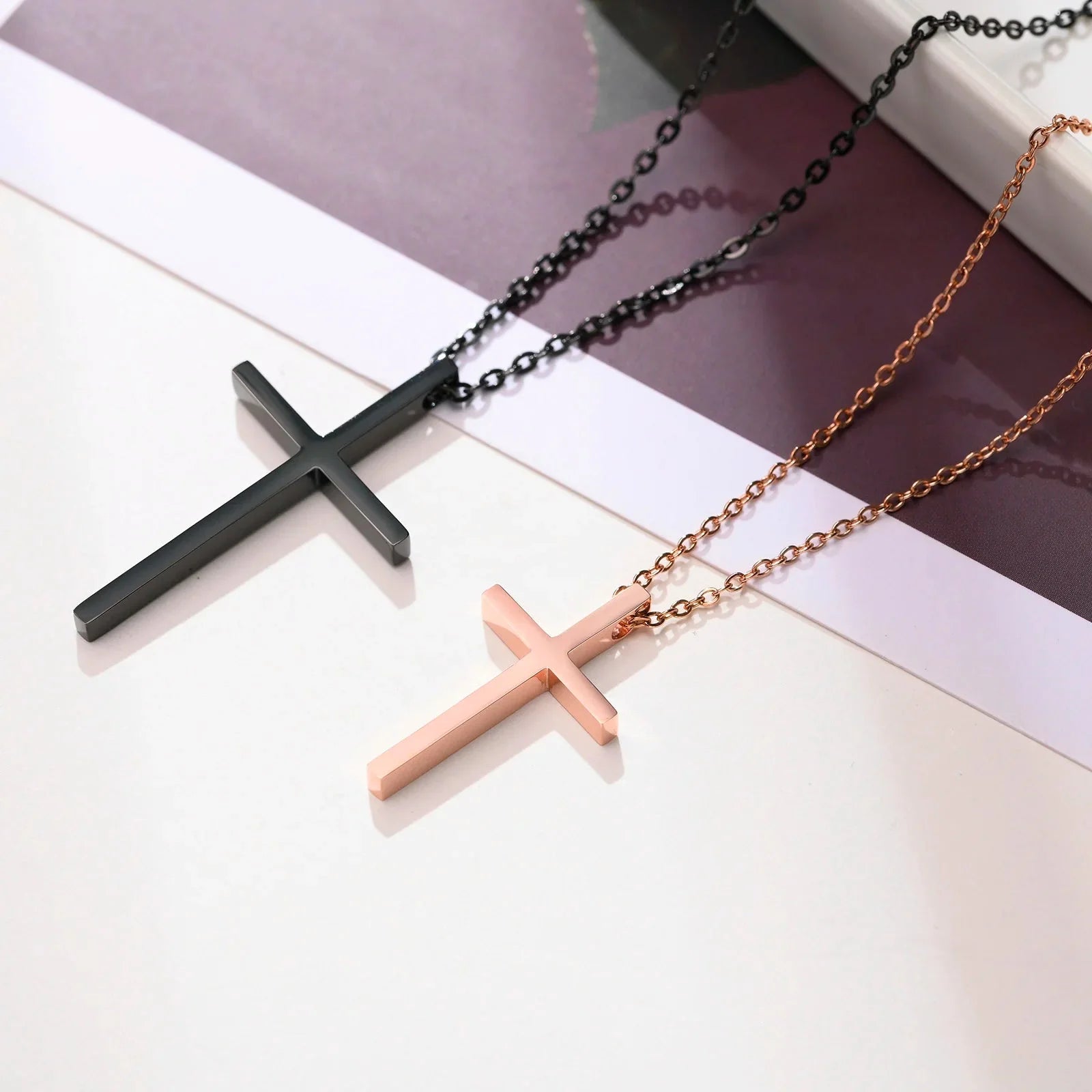 Couple Necklaces Black and Rose Gold Cross Pendant