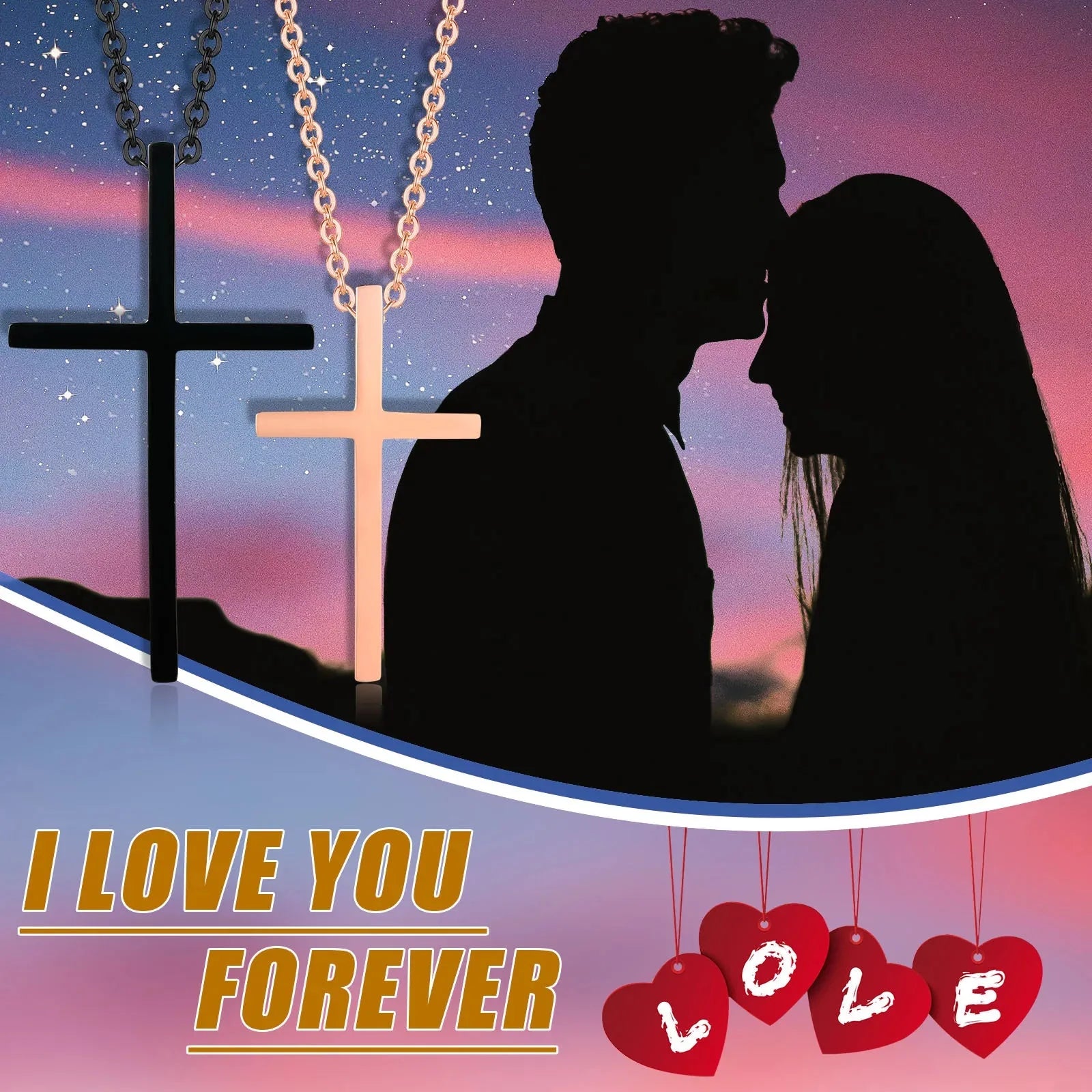 Couple Necklaces Black and Rose Gold Cross Pendant
