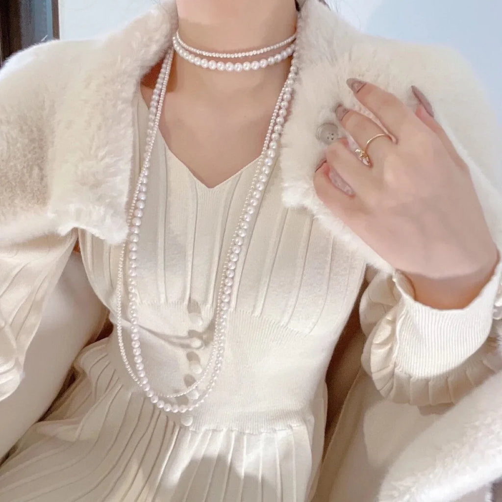 Long Double White Pearl Necklace for Women
