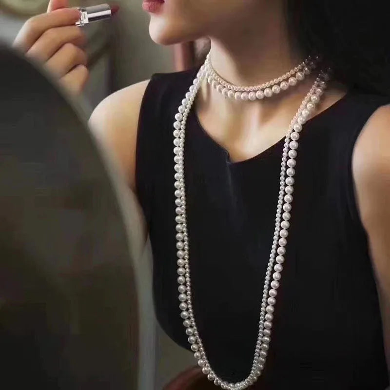 Long Double White Pearl Necklace for Women