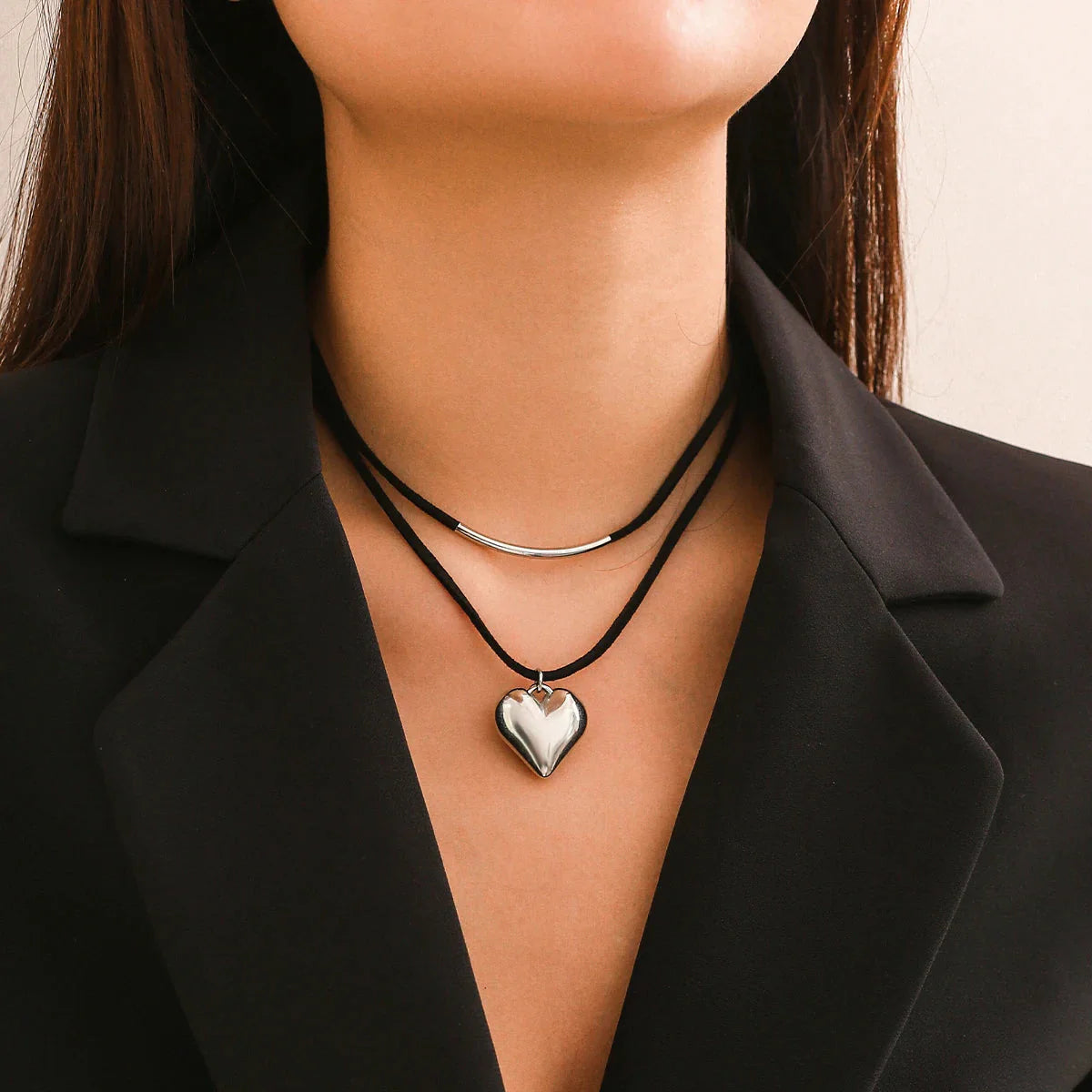 Double Necklace Heart Pendant Silver