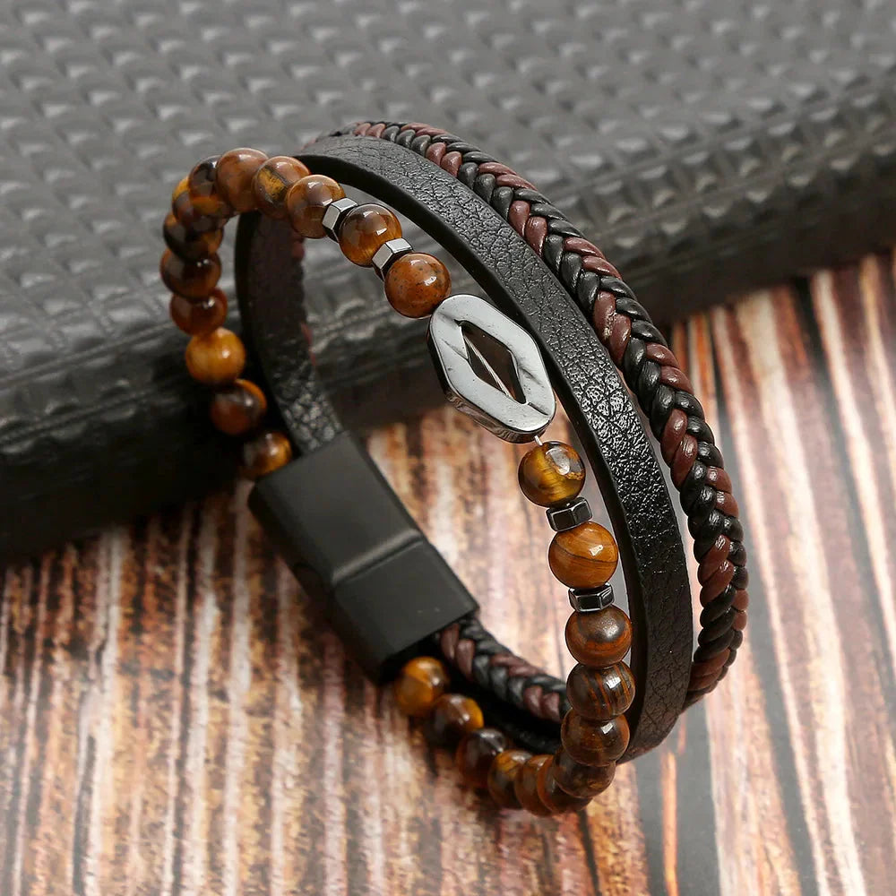 Men's Tiger's Eye ID Bracelet in Brown Leather and Metal