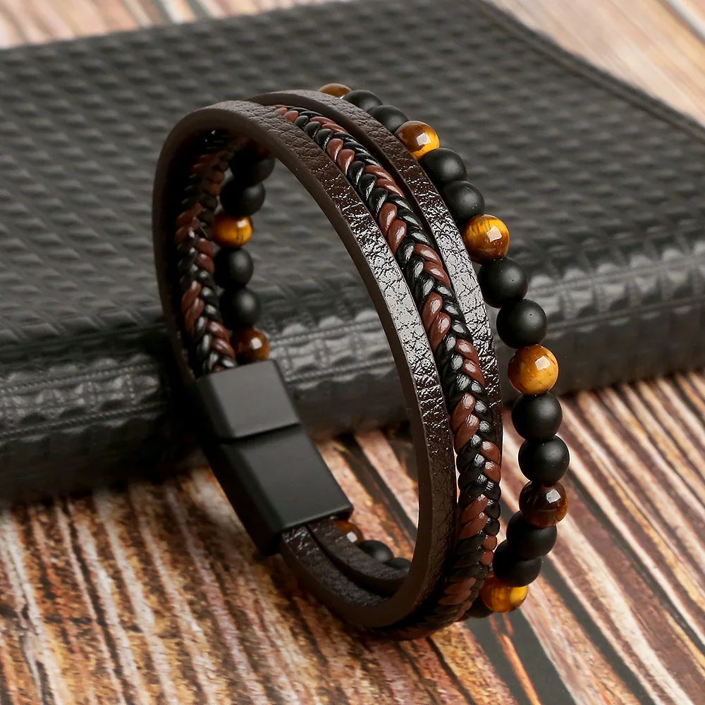 Men's Tiger's Eye ID Bracelet in Brown and Black Leather