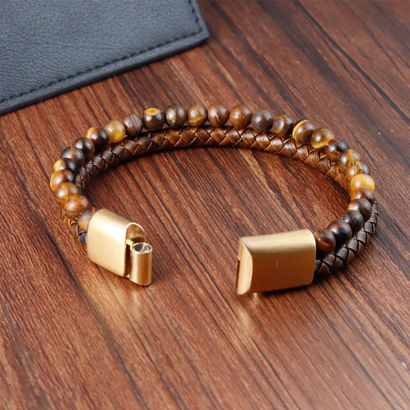 Tiger's Eye Curb Bracelet in Leather & Stones