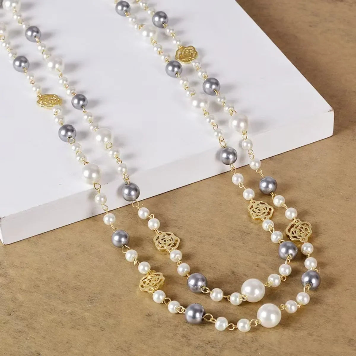 Large Triple Pearl Necklace for Women grey