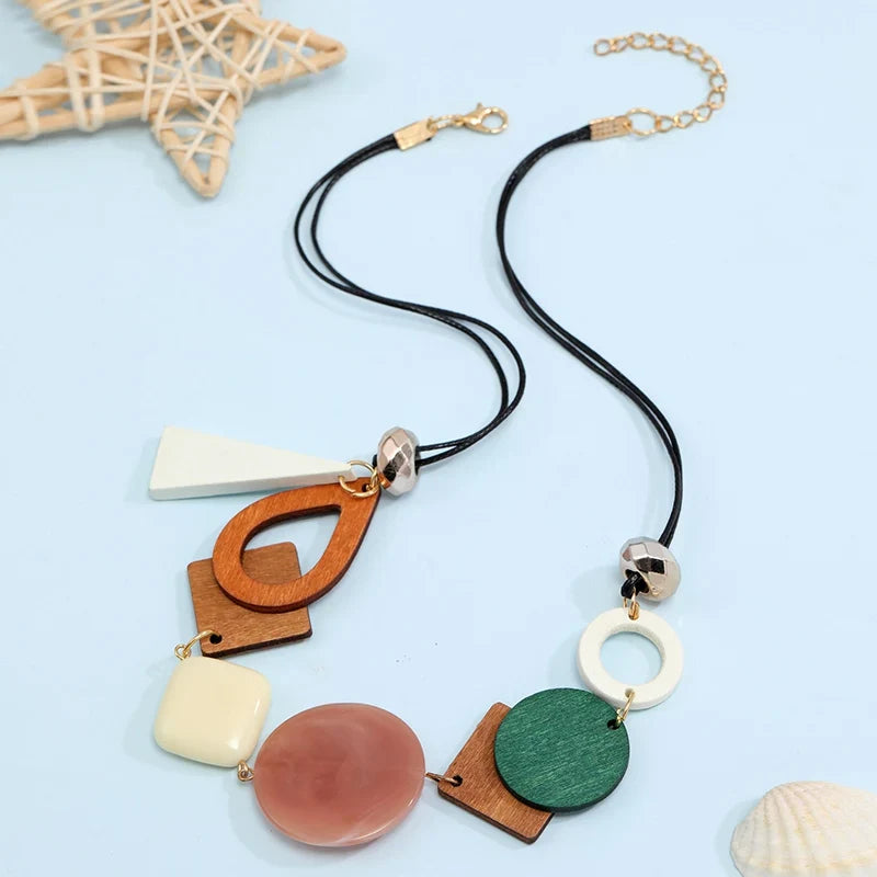Asymmetrical Bohemian-Style Pendant Necklace Pink