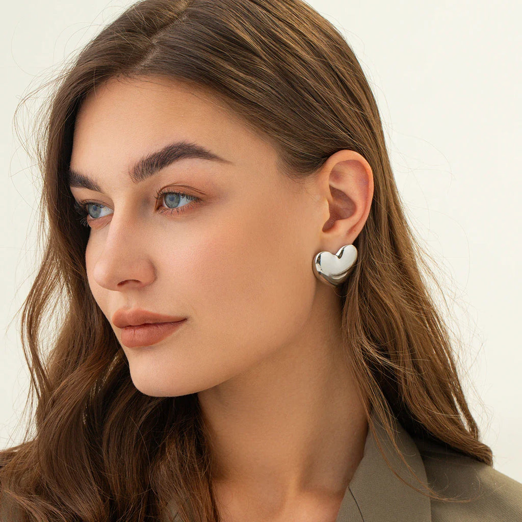 Large Women's Heart Earrings in Silver