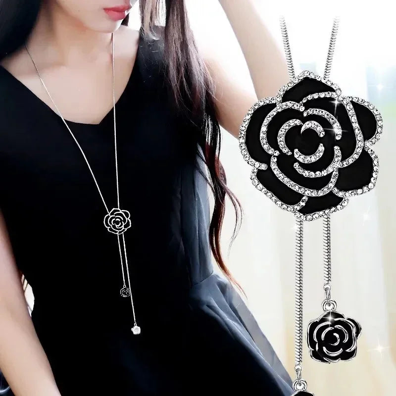 Long Necklace with Large Black Flower Pendant