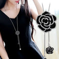 Long Necklace with Large Black Flower Pendant