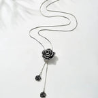 Long Necklace with Large Black Flower Pendant
