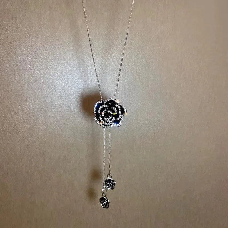 Long Necklace with Large Black Flower Pendant