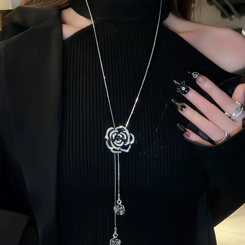 Long Necklace with Large Black Flower Pendant