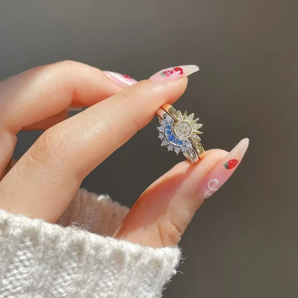 Set of 2 Moon or Sun Zircon Rings for Couples