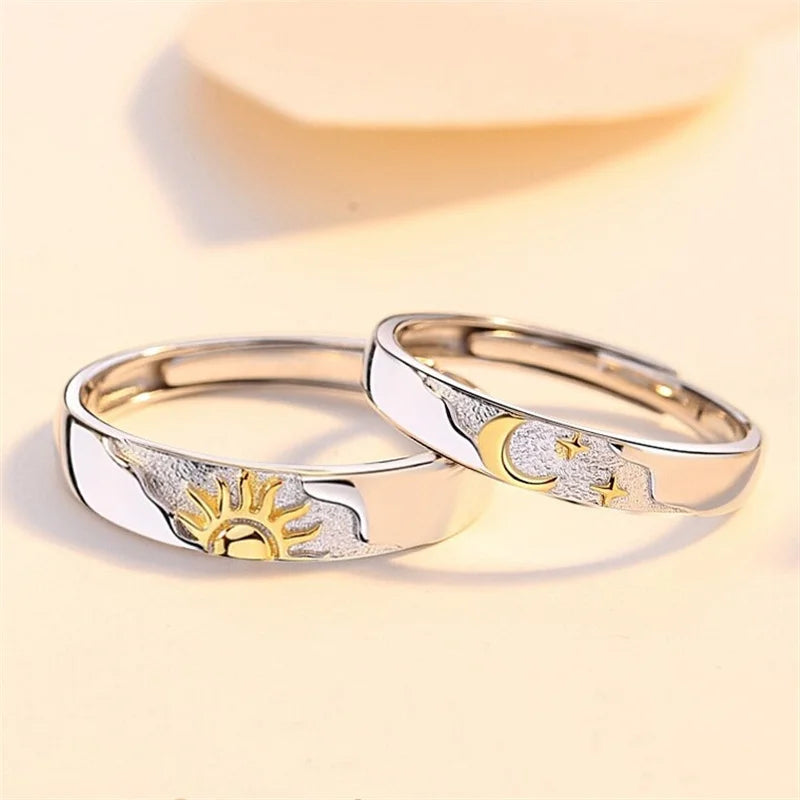 Set of 2 Couple Rings Moon and Sun Zircon Band