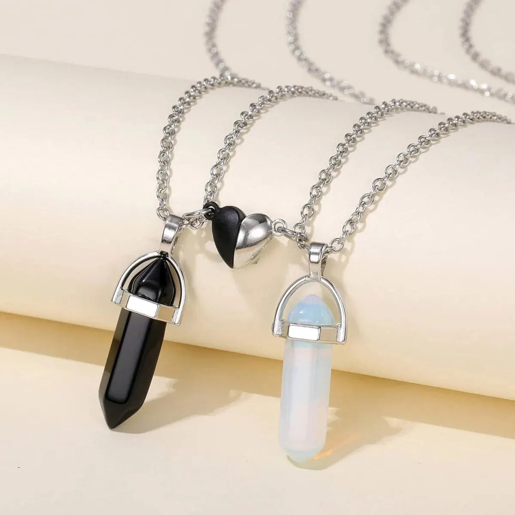 Set of 2 Stone Pendant Necklaces for Couples, white and black 1