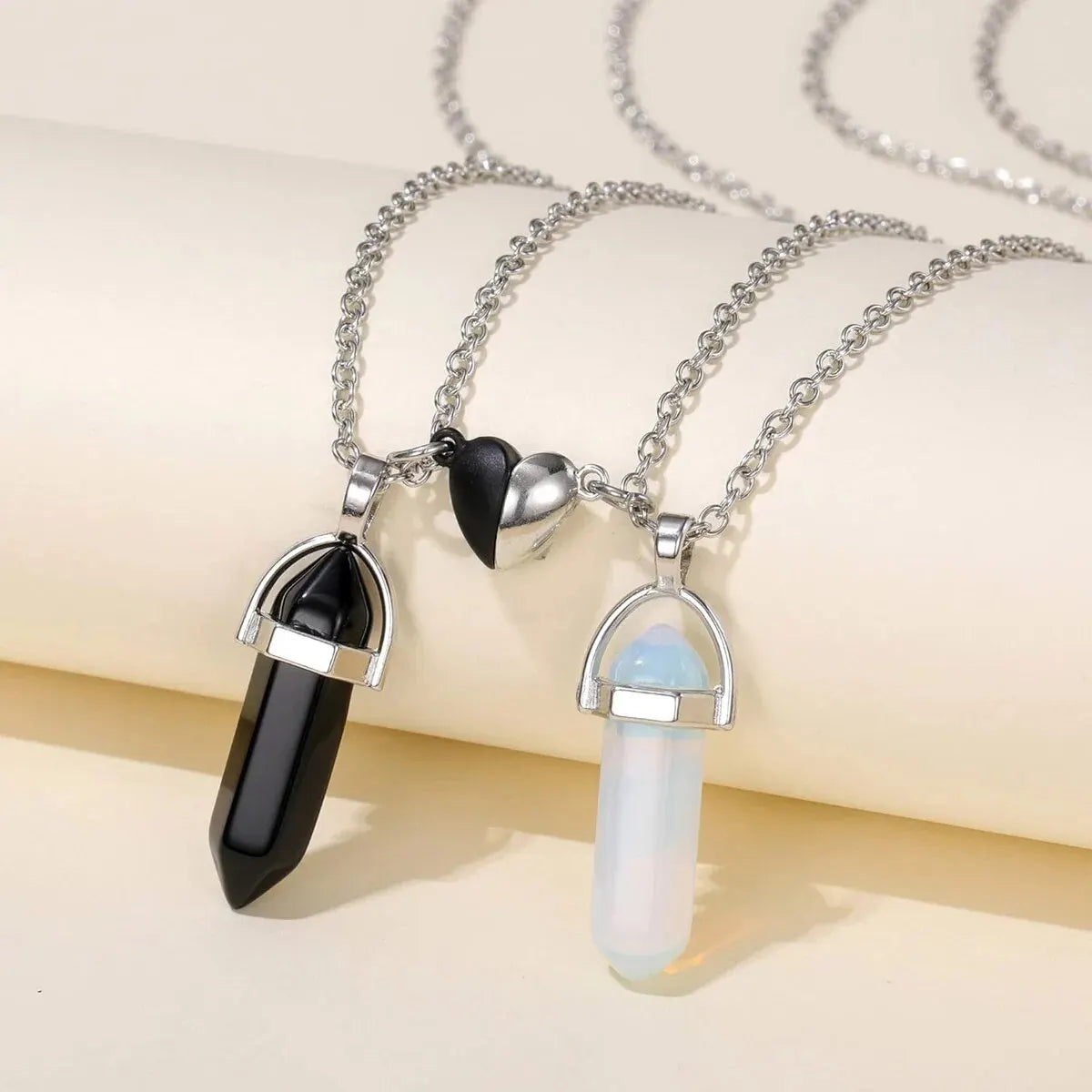 Set of 2 Stone Pendant Necklaces for Couples, white and black 1