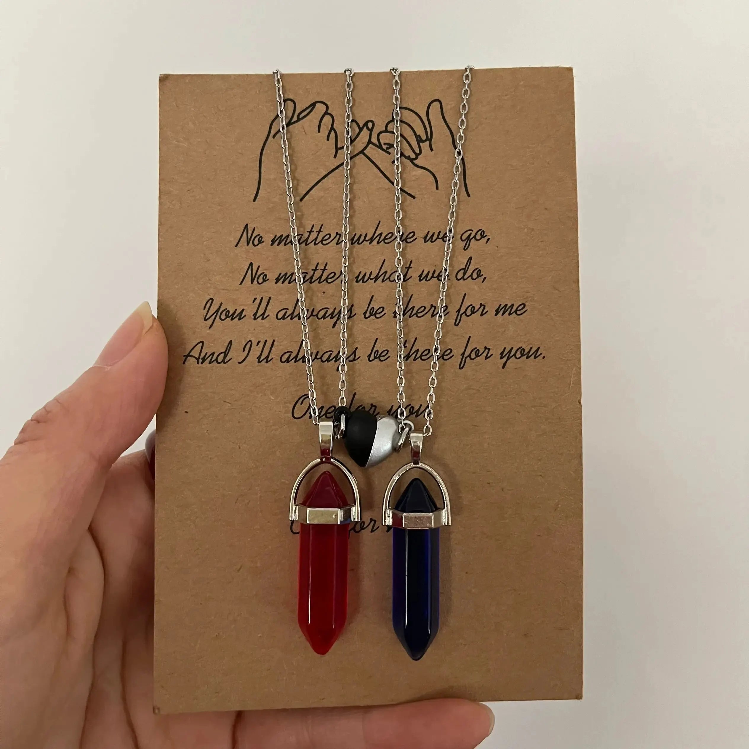 Set of 2 Stone Pendant Necklaces for Couples, red and blue