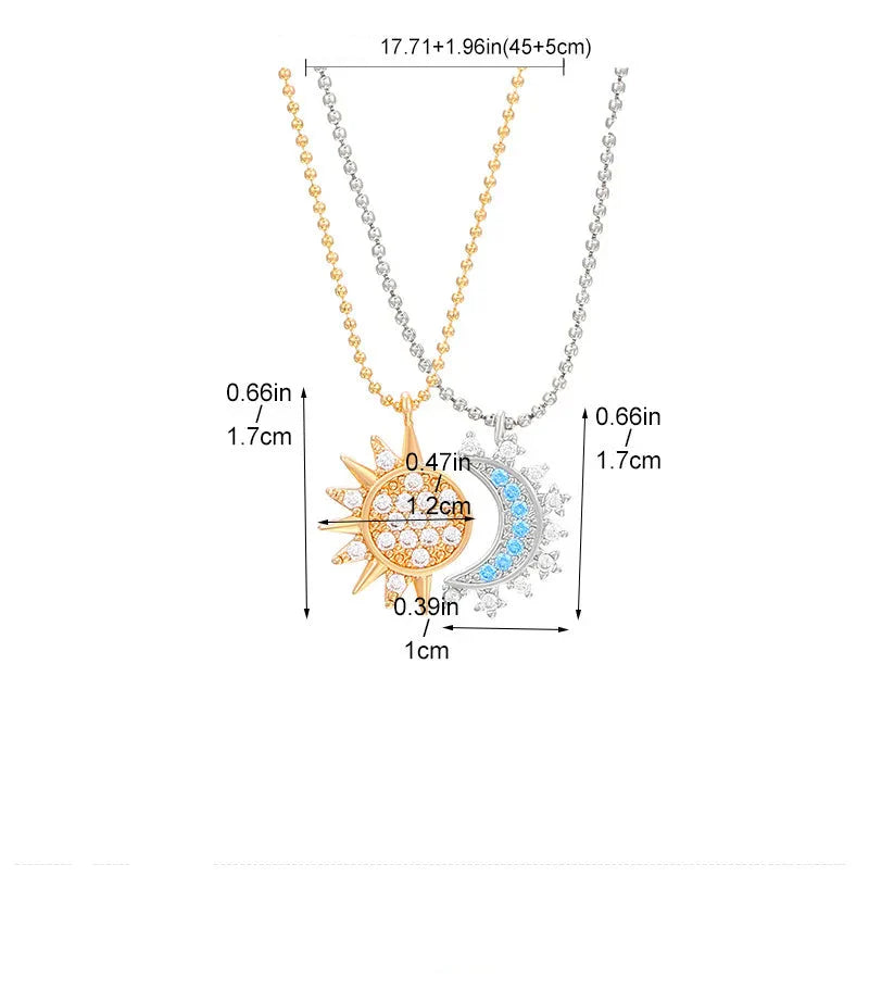 Set of 2 Necklaces with Zircon Moon or Sun Pendant for Couples
