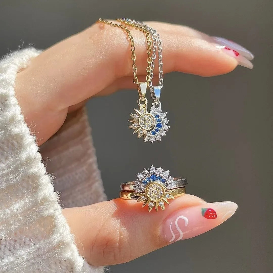 Set of 2 Necklaces with Zircon Moon or Sun Pendant for Couples in Gold and Silver