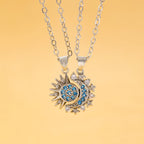 Set of 2 Necklaces with Zircon Moon or Sun Pendant for Couples in Silver