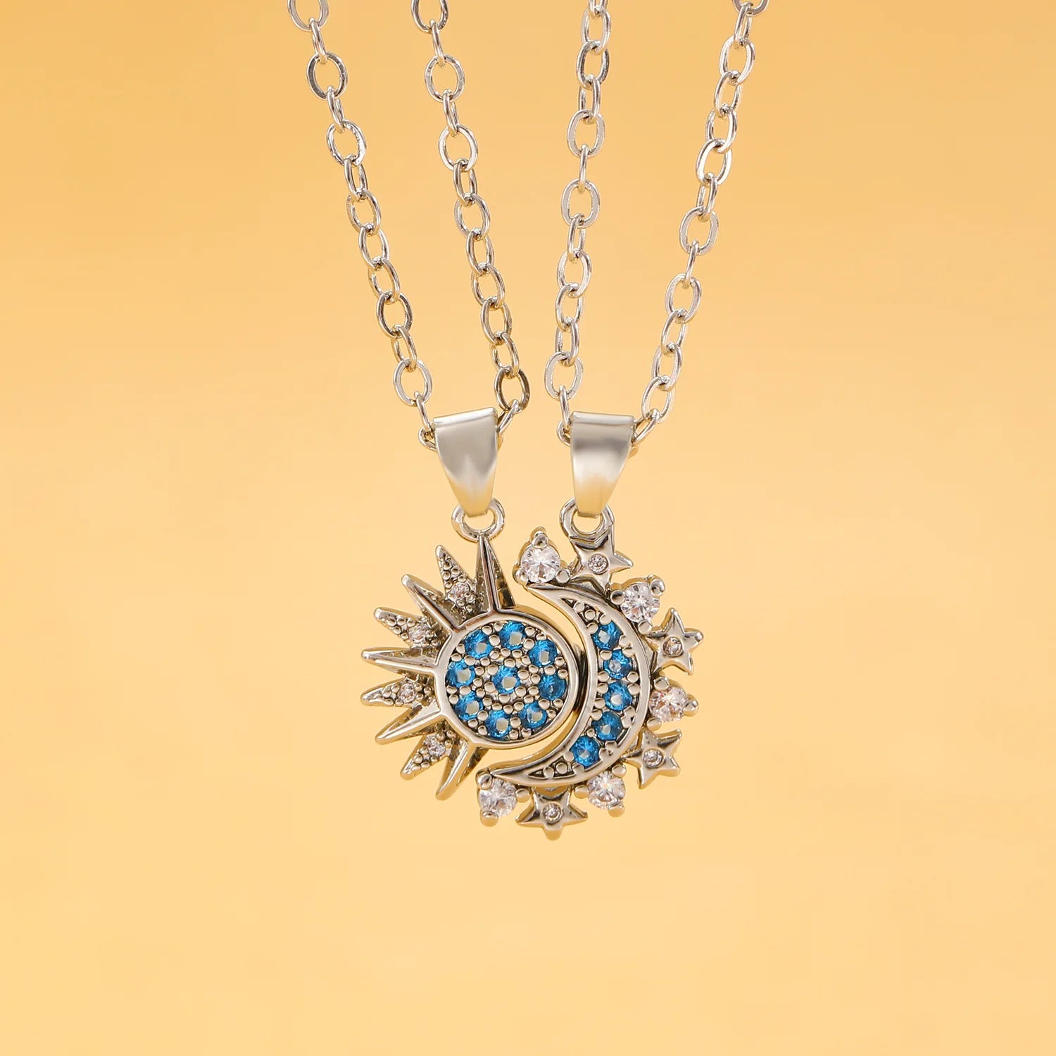 Set of 2 Necklaces with Zircon Moon or Sun Pendant for Couples in Silver