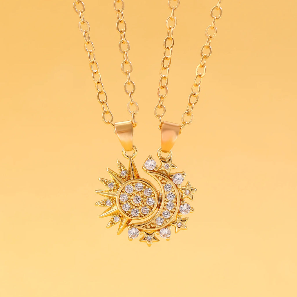 Set of 2 Necklaces with Zircon Moon or Sun Pendant for Couples in Gold
