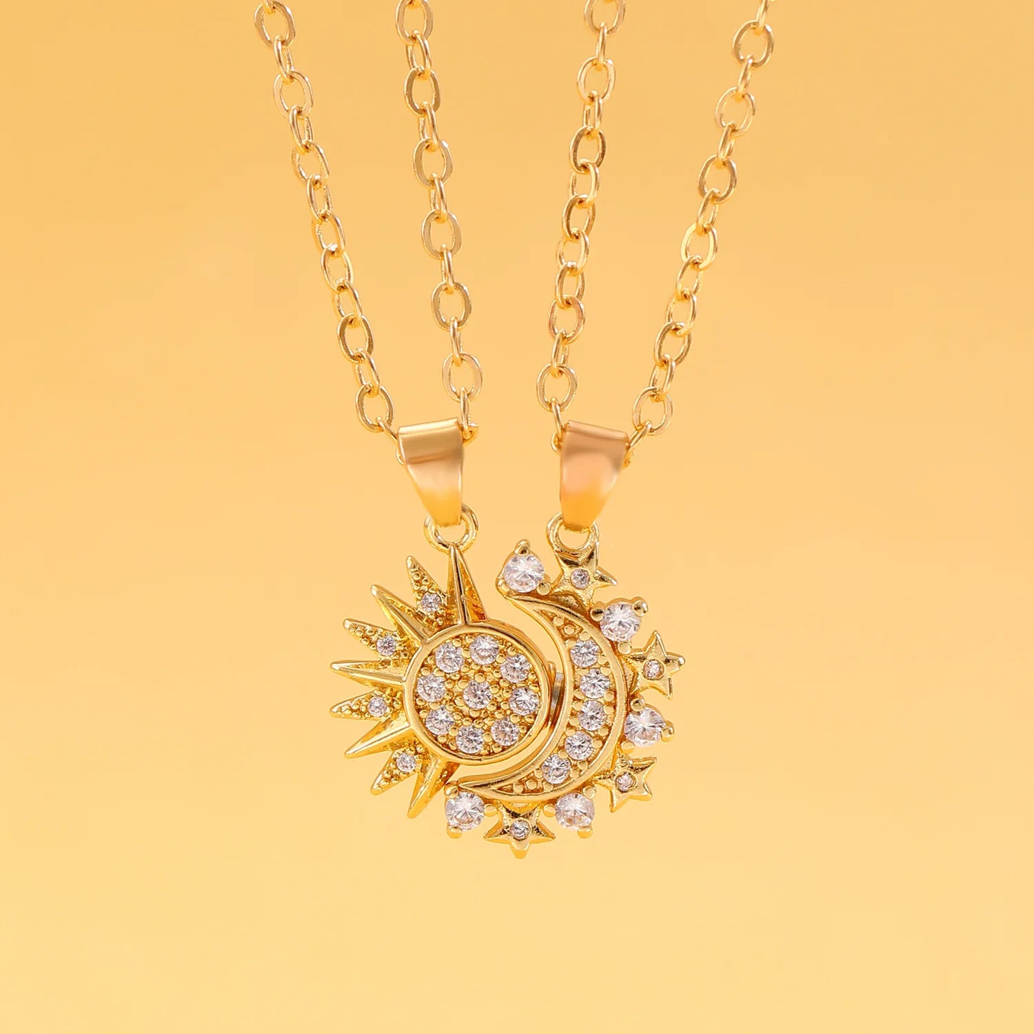 Set of 2 Necklaces with Zircon Moon or Sun Pendant for Couples in Gold