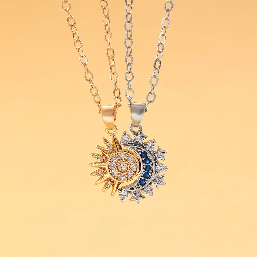 Set of 2 Necklaces with Zircon Moon or Sun Pendant for Couples in Gold and Silver