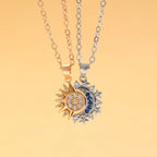 Set of 2 Necklaces with Zircon Moon or Sun Pendant for Couples in Gold and Silver