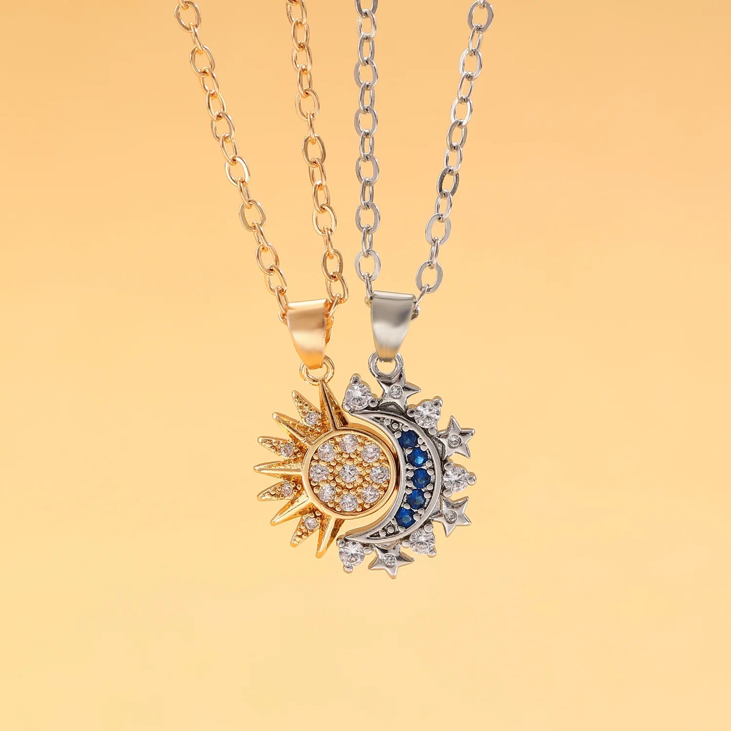 Set of 2 Necklaces with Zircon Moon or Sun Pendant for Couples in Gold and Silver