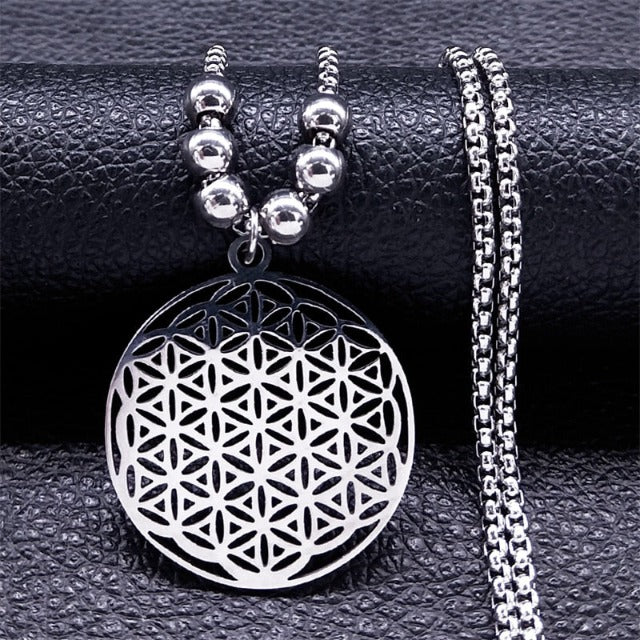 Life Flower Pendant Beaded Necklace Mandala for Men and Women Dawapara Silver