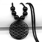 Life Flower Pendant Beaded Necklace Mandala for Men and Women Dawapara Black