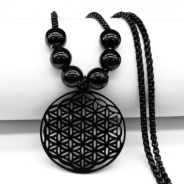 Life Flower Pendant Beaded Necklace Mandala for Men and Women Dawapara Black