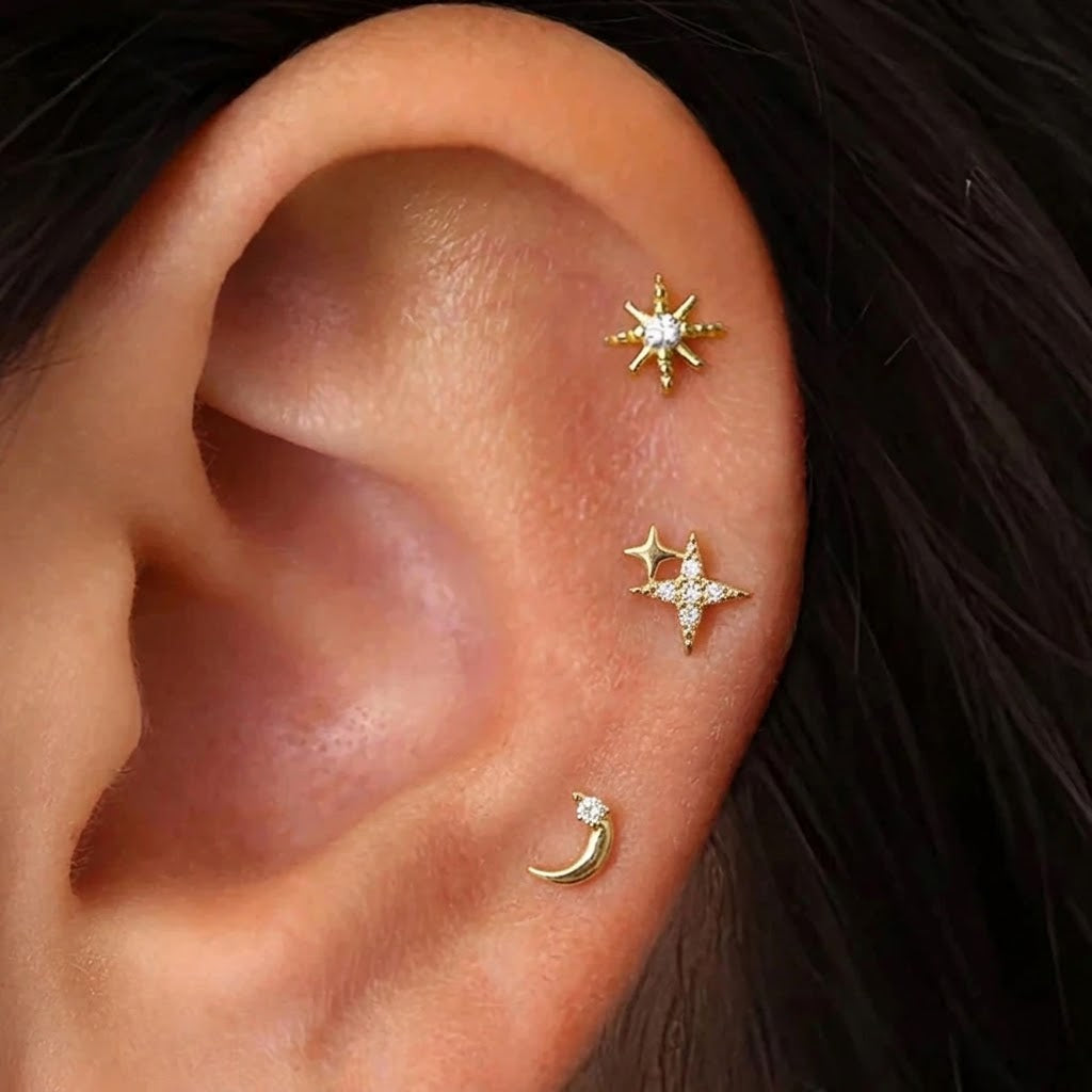 Crescent Moon and Stars Stud Earrings